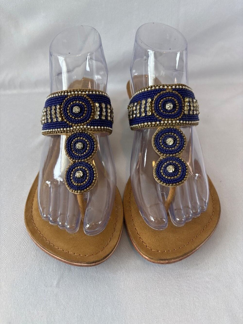Z&L Blue Beaded Rhinestone T-Strap‎ Wedge Sandals Size 7.5 Boho Artisan Leather